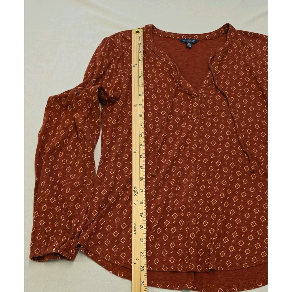 LUCKY BRAND Diamond Print Tie Front Long Sleeve Loose Fit Top Rust Size Small - Picture 4 of 6